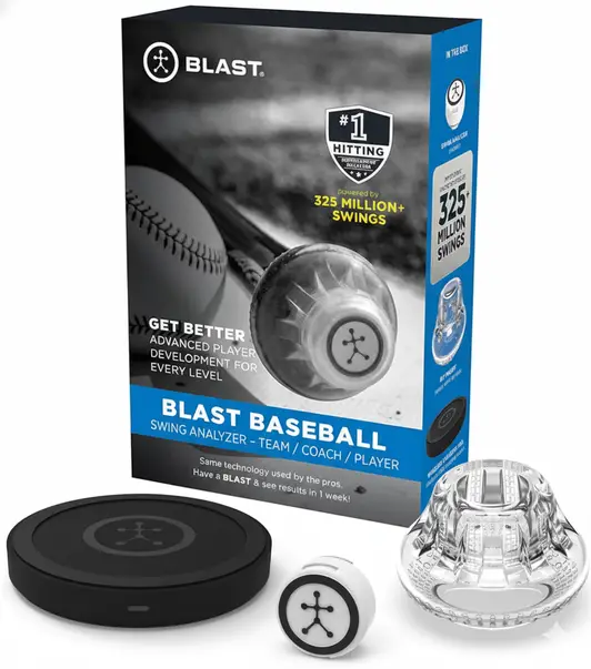 Blast Baseball Swing Analyzer bat-mounted sensor that tracks swing speed, attack angle, and hitting mechanics through mobile app data analysis