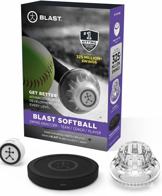Blast Softball Swing Analyzer sensor attached to fastpitch bat for real-time swing mechanics data and hitting development tracking.