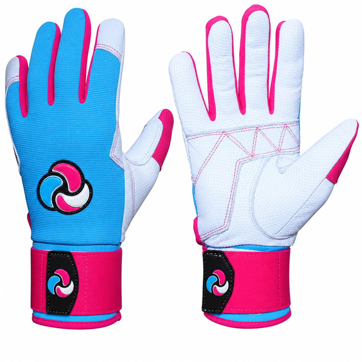 Batting gloves by Bomb Squad, in blue, pink, and white with wrist straps.