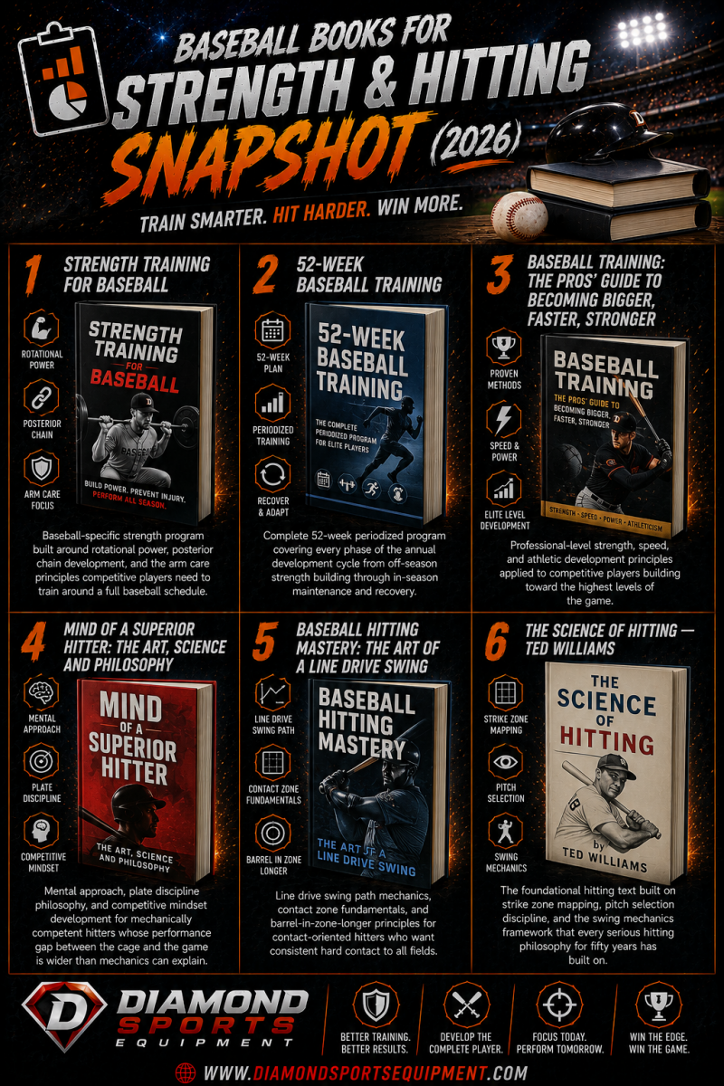 Baseball Books for Strength & Hitting Snapshot (2026) featuring baseball-specific strength training books, hitting philosophy resources, 52-week training programs, and mental performance development guides in a dramatic cosmic stadium-style sports graphic
