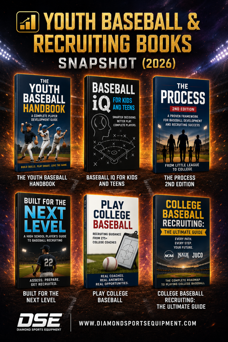 Dramatic cosmic-style snapshot graphic featuring six youth baseball and recruiting books arranged in a clean 2-row layout with glowing orange lighting, metallic gold title text, and Diamond Sports Equipment branding in the bottom-left corner.