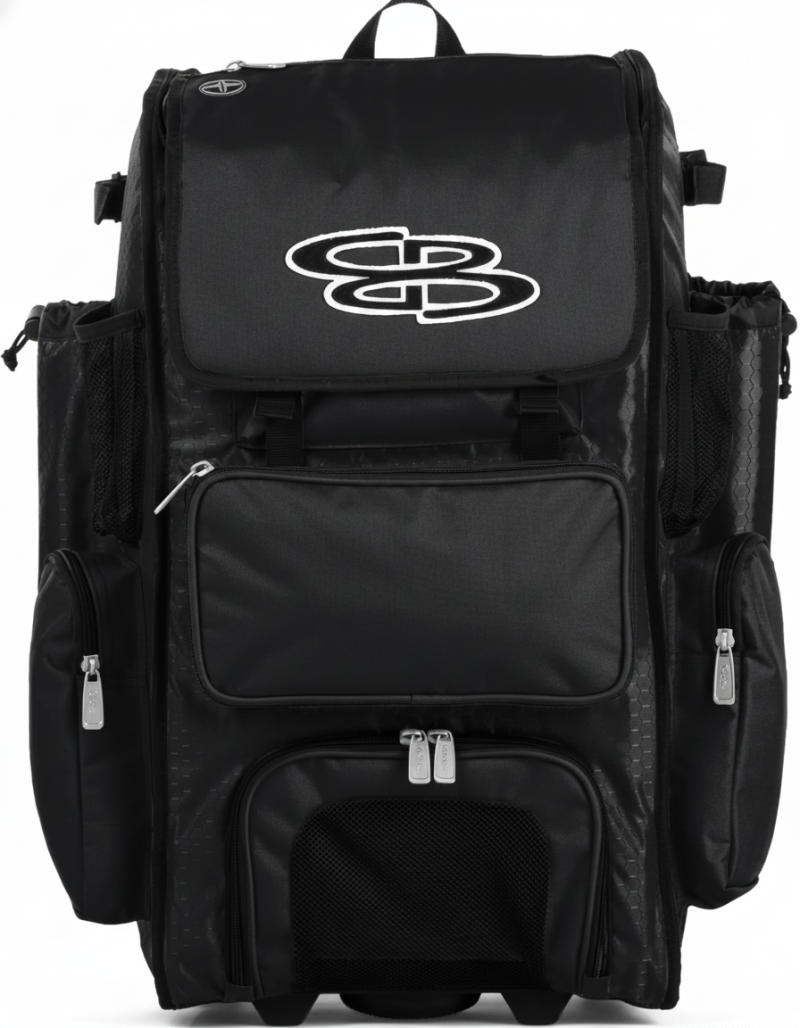 Boombah Rolling Superpack Baseball Softball Gear Bag with large capacity reinforced wheels and multiple dedicated compartment zones for travel ball and heavy-load players.