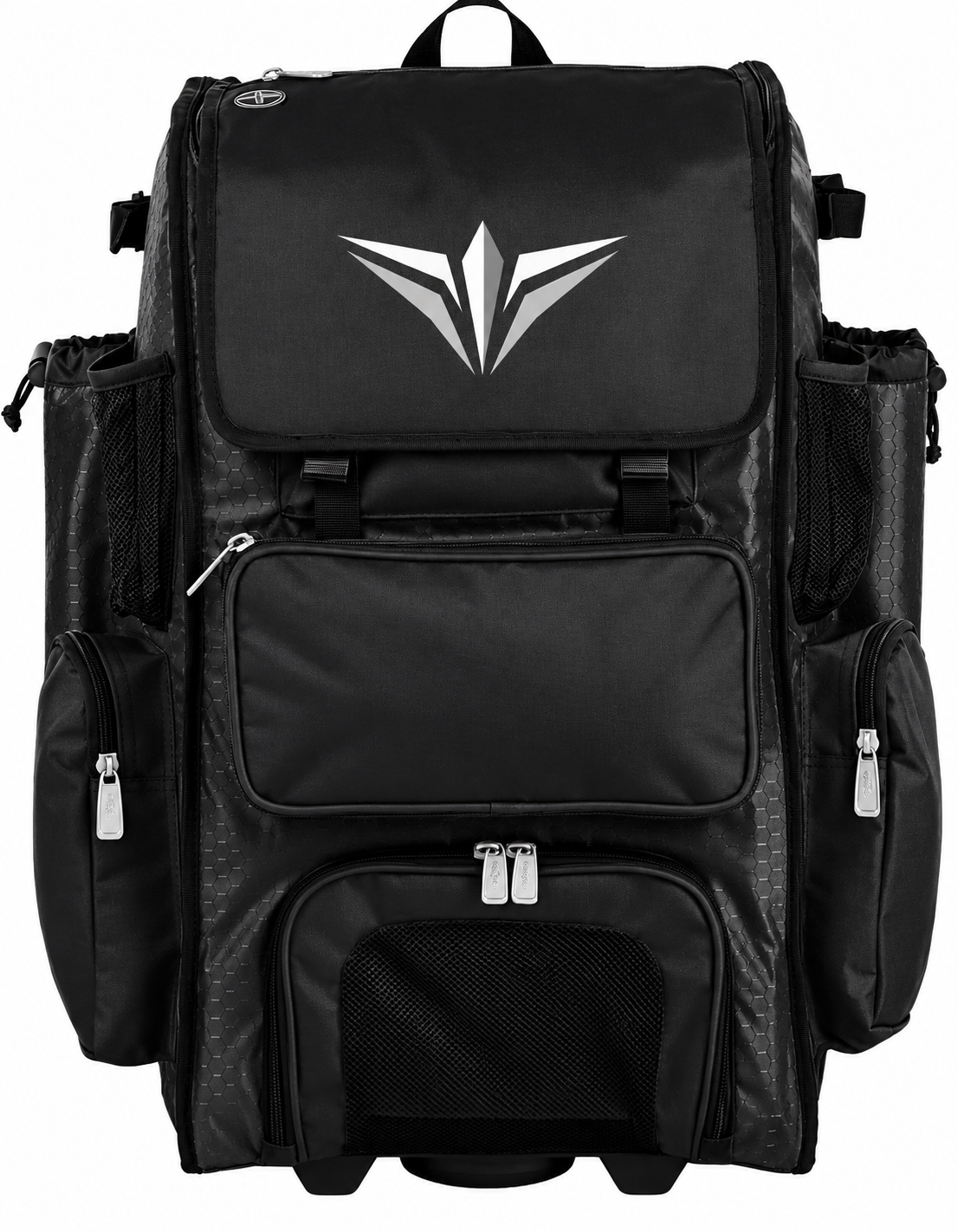 Baseball roller bag by Boombah, the Superpack in black with side bat sleeves.