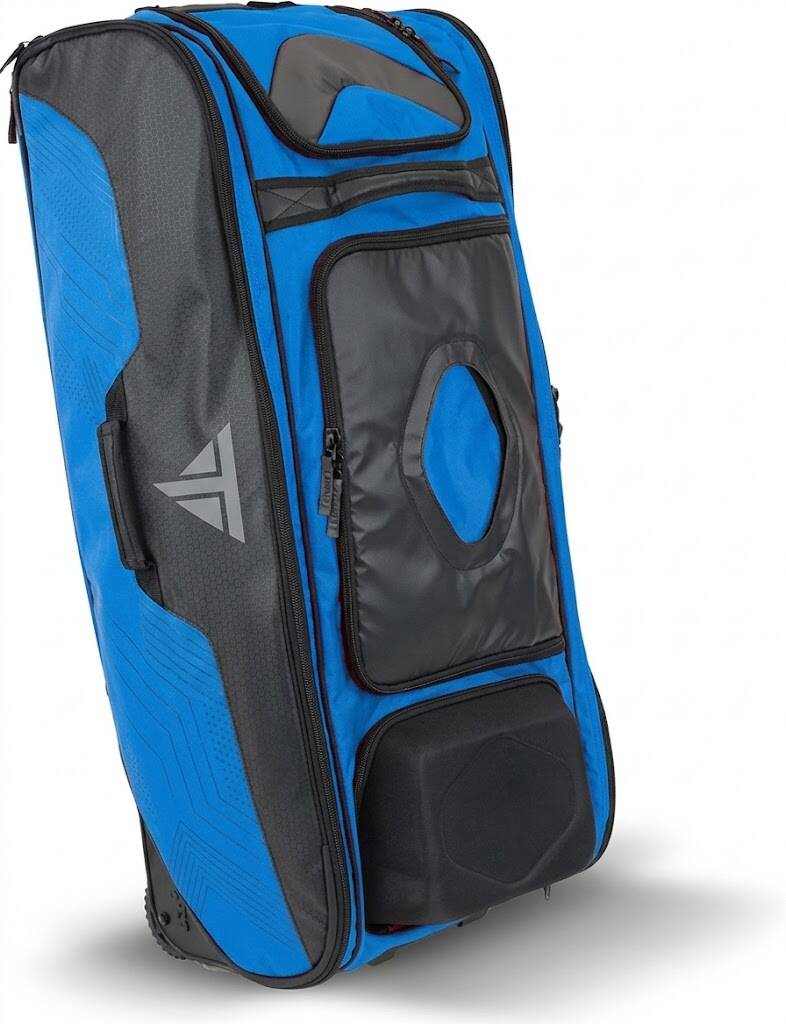 A blue and grey rolling sports bag with multiple compartments.