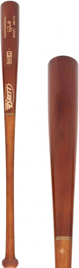 Brett Bros. Maple/Bamboo Wood BBCOR Baseball Bat: MB110 in black and natural wood with the Brett logo, a BBCOR-certified maple and bamboo hybrid.
