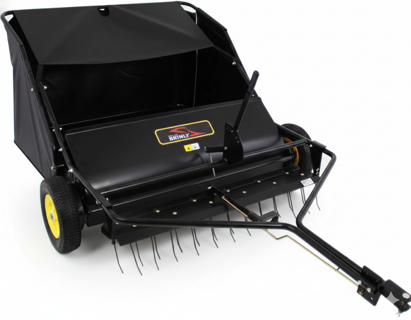 42-inch tow-behind lawn sweeper with dethatcher for field and turf debris removal