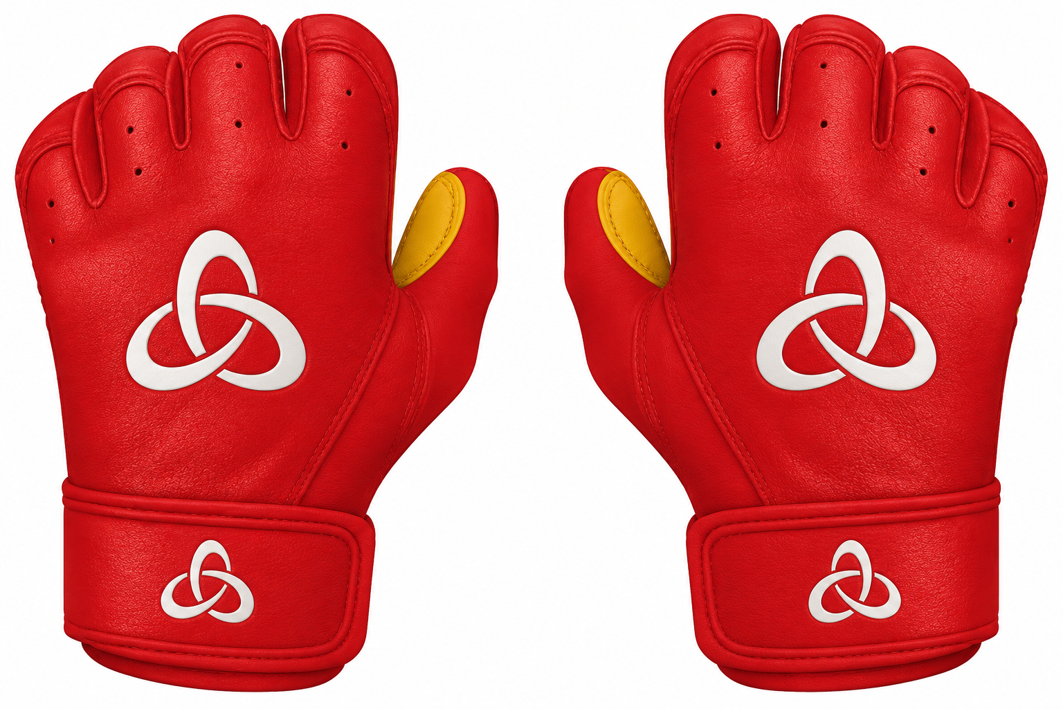 Batting gloves by BRUCE BOLT with a short cuff, in red with a gold thumb.