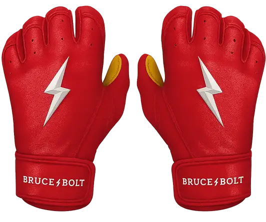 BRUCE BOLT Original Series Short Cuff Batting Gloves displayed showing their premium Cabretta sheepskin leather construction and short cuff design for competitive baseball hitters.