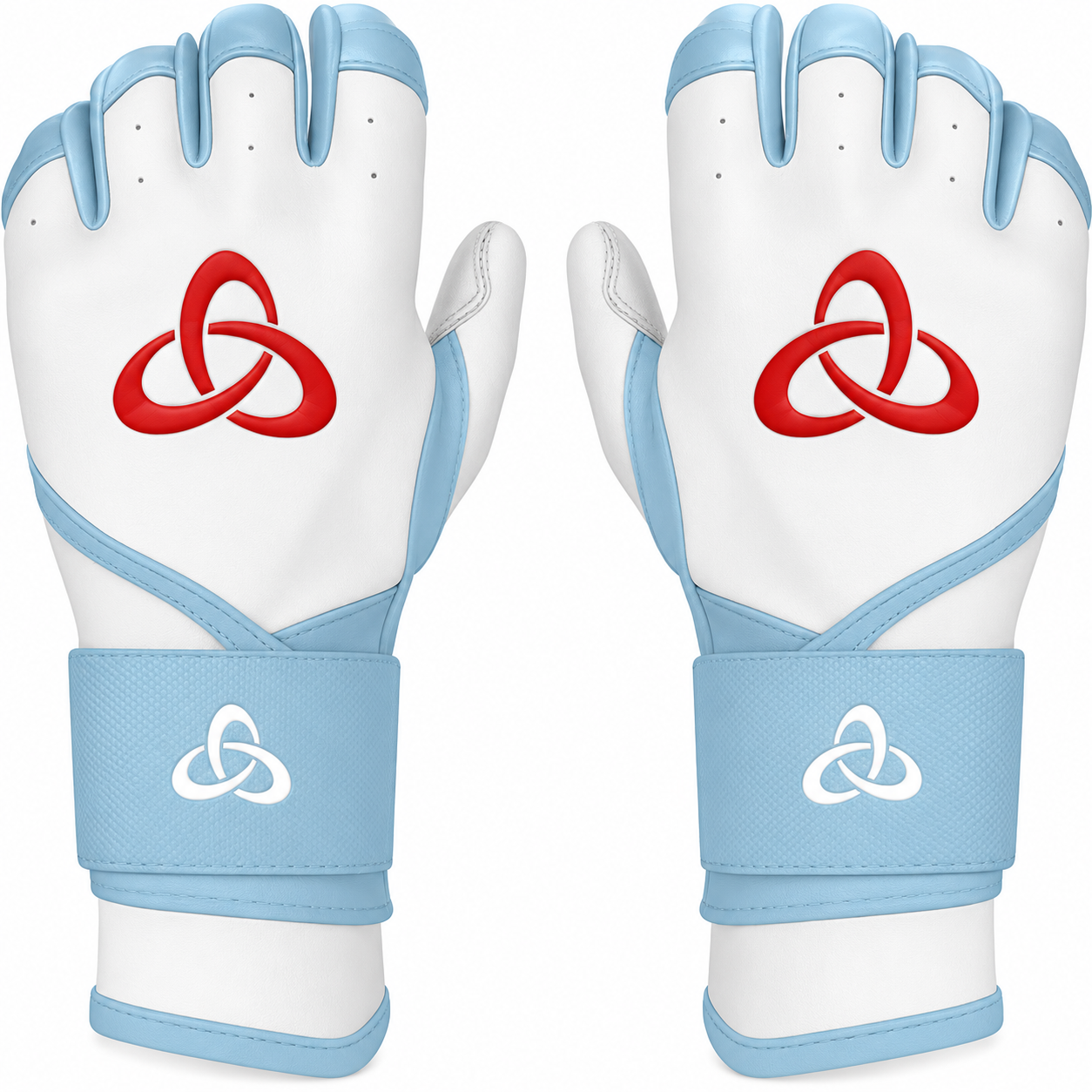 Batting gloves by BRUCE BOLT with a long cuff, in white and light blue.
