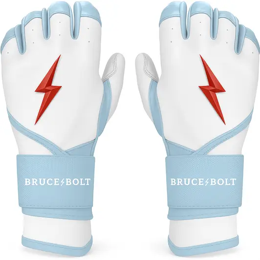 BRUCE BOLT Signature Series Long Cuff Batting Gloves displayed showing their premium Cabretta sheepskin leather and long cuff design for competitive hitters who want wrist security.