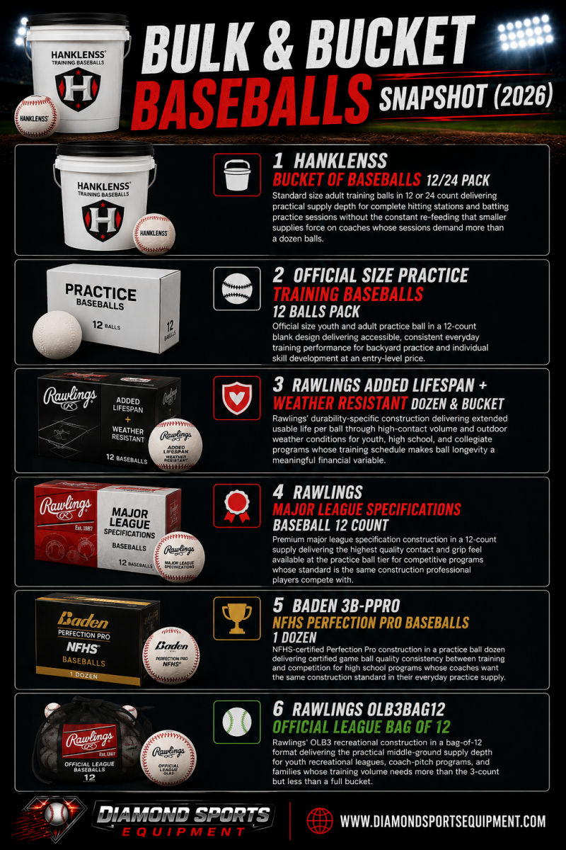 Bulk & Bucket Baseballs Snapshot 2026 graphic featuring Rawlings, Baden, and HANKLENSS practice baseball buckets and training balls on a dark stadium-style background with Diamond Sports Equipment branding.