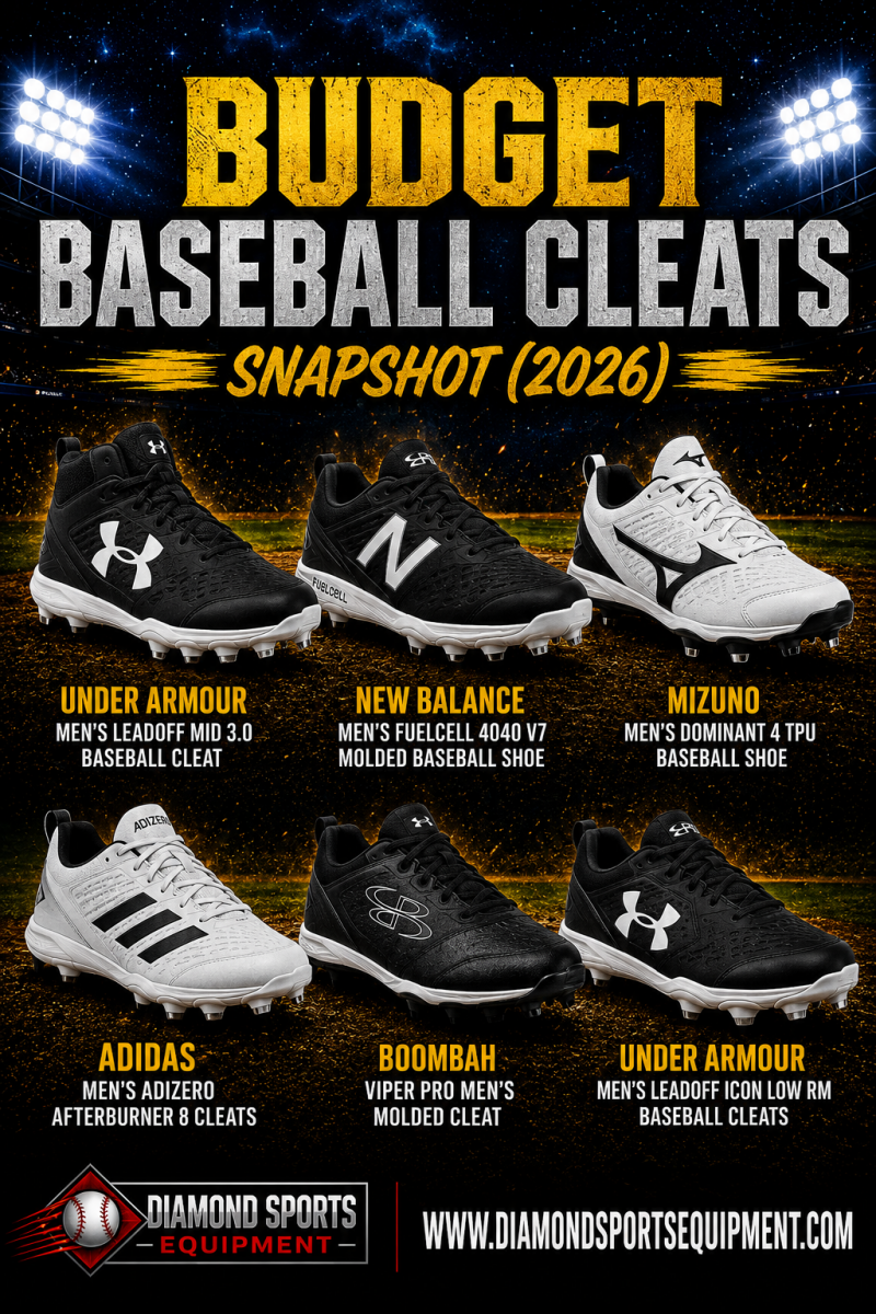 Under Armour Leadoff Mid 3.0, New Balance FuelCell 4040 V7 Molded, Mizuno Dominant 4 TPU, adidas Adizero Afterburner 8, Boombah Viper Pro Molded, and Under Armour Leadoff Icon Low RM featured in the Budget Baseball Cleats Snapshot (2026).