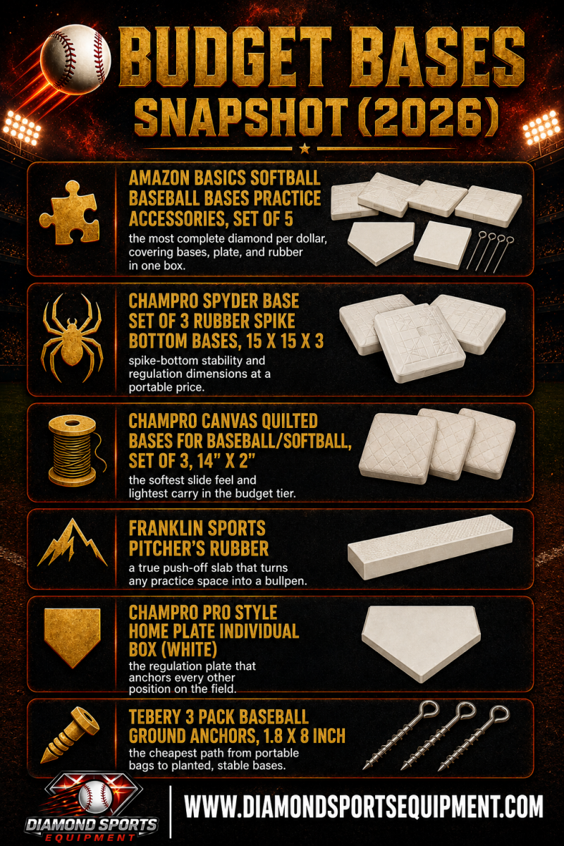 Budget Bases Snapshot (2026) featuring six affordable baseball base system components, including portable bases, home plate, pitcher’s rubber, and ground anchors on a stadium-themed Diamond Sports Equipment graphic. ⚾