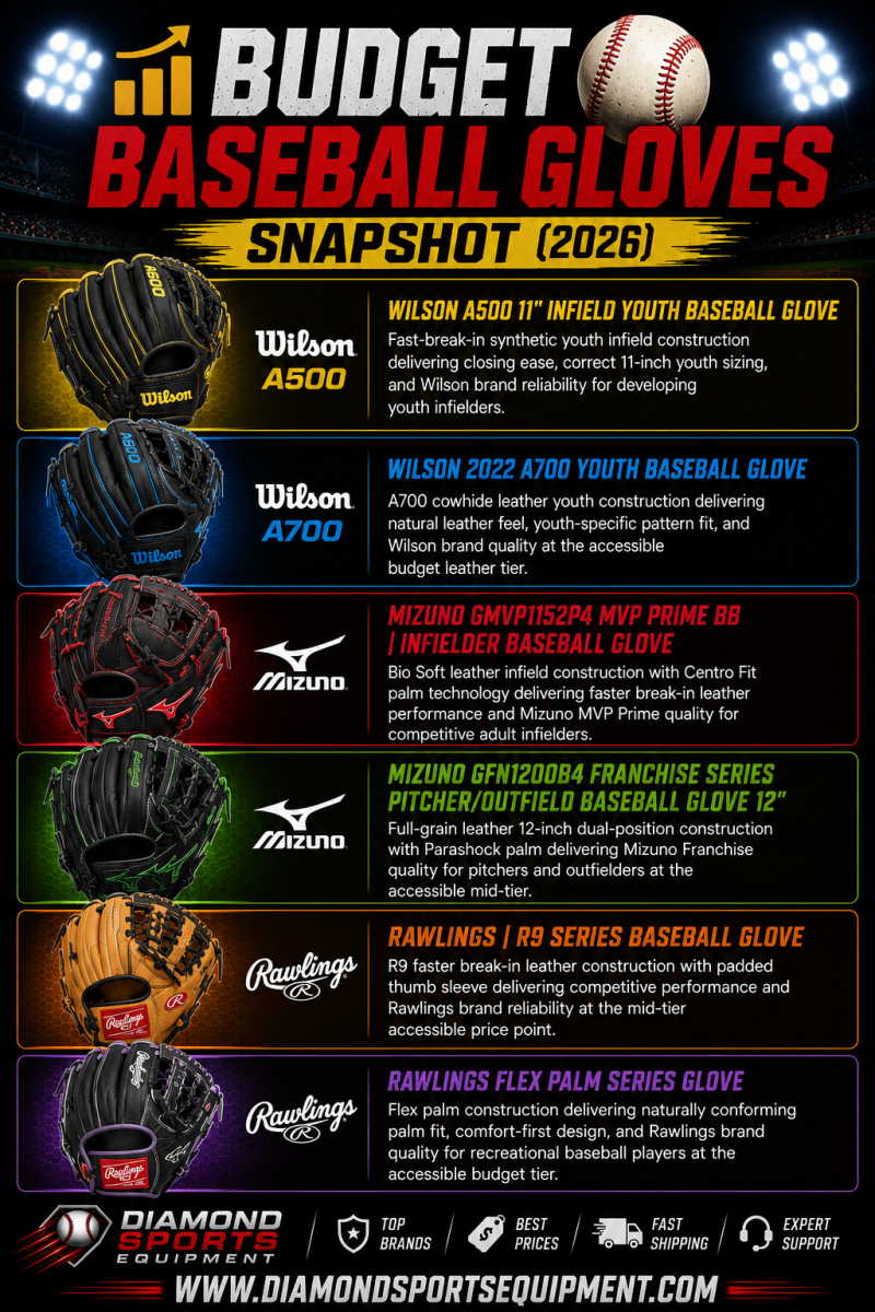 Wilson A500 11-Inch Infield Youth, Wilson 2022 A700 Youth, Mizuno MVP Prime GMVP1152P4, Mizuno Franchise GFN1200B4, Rawlings R9 Series, and Rawlings Flex Palm featured in the Budget Baseball Gloves Snapshot (2026) infographic.