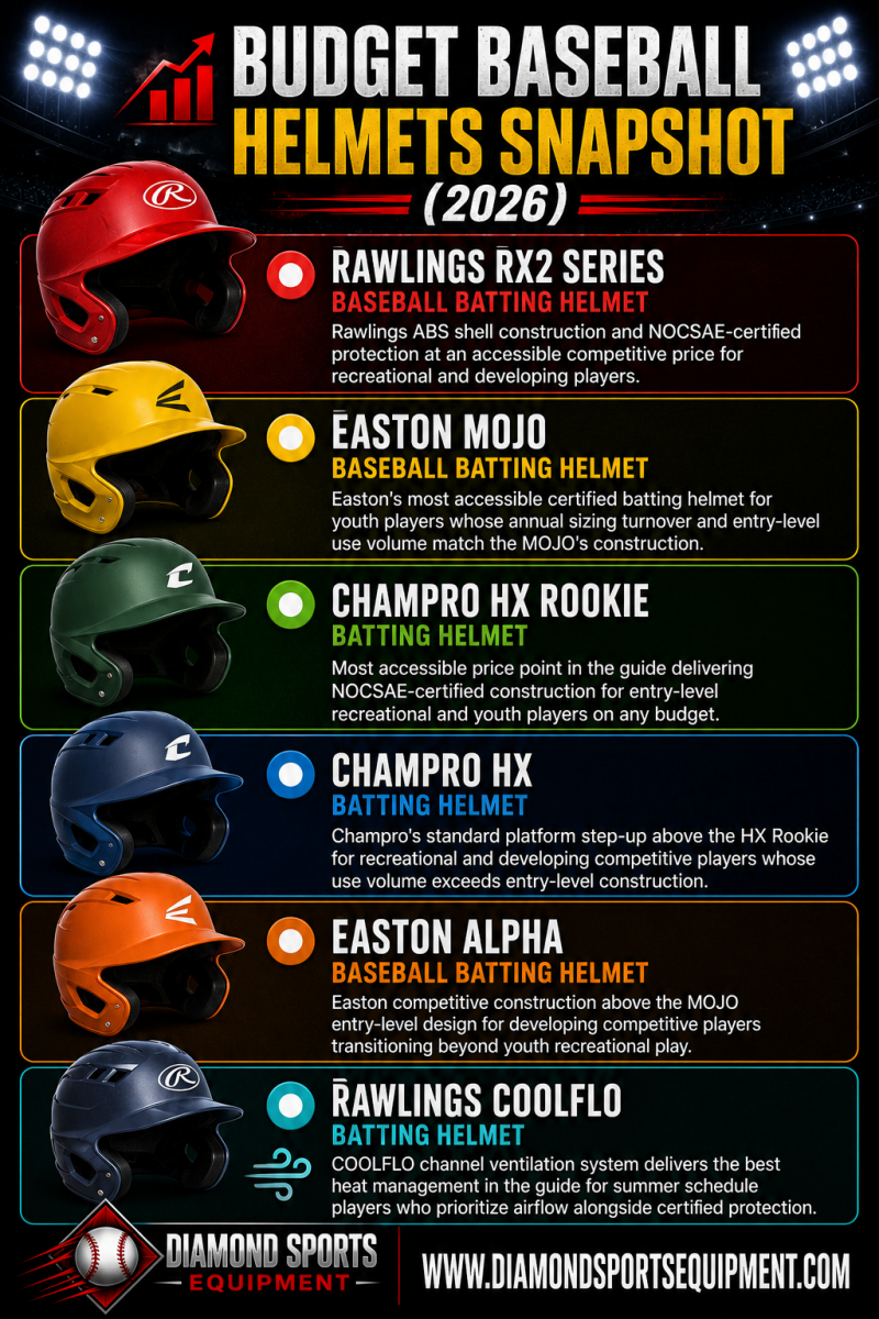 Rawlings RX2 Series, Easton MOJO, Champro HX Rookie, Champro HX, Easton ALPHA, and Rawlings COOLFLO featured in the Budget Baseball Helmets Snapshot (2026).