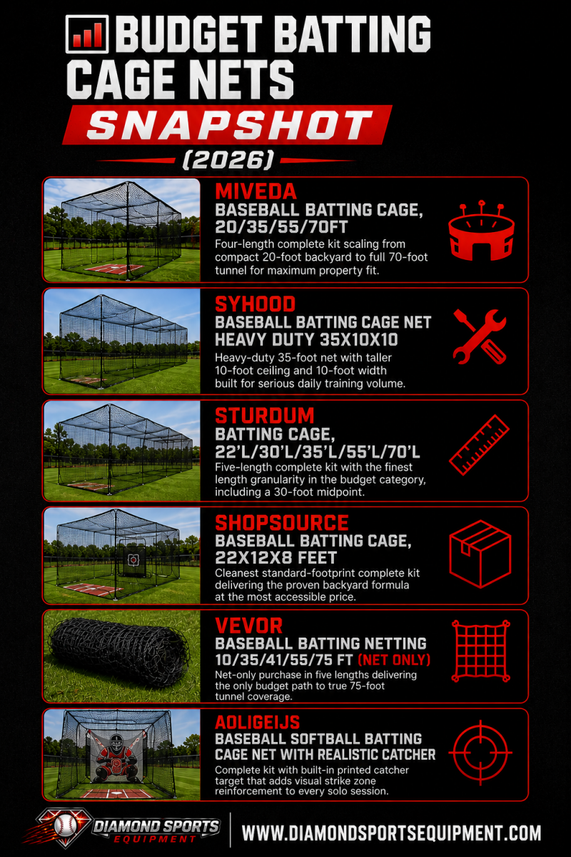 Miveda Baseball Batting Cage, Syhood Baseball Batting Cage Net, Sturdum Batting Cage, Shopsource Baseball Batting Cage, VEVOR Baseball Batting Netting, and AOLIGEIJS Baseball Softball Batting Cage Net featured in a Budget Batting Cage Nets Snapshot (2026)