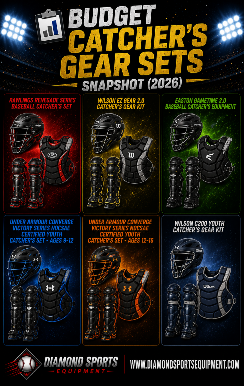 Rawlings Renegade Series, Wilson EZ Gear 2.0, Easton Gametime 2.0, Under Armour Converge Victory Ages 9-12, Under Armour Converge Victory Ages 12-16, and Wilson C200 featured in the Budget Catcher's Gear Sets Snapshot (2026).