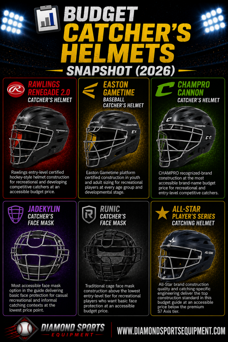 Rawlings Renegade 2.0, Easton Gametime, CHAMPRO Cannon, Jadekylin Catcher's Face Mask, RUNIC Catcher's Face Mask, and All-Star Player's Series featured in the Budget Catcher's Helmets Snapshot (2026).