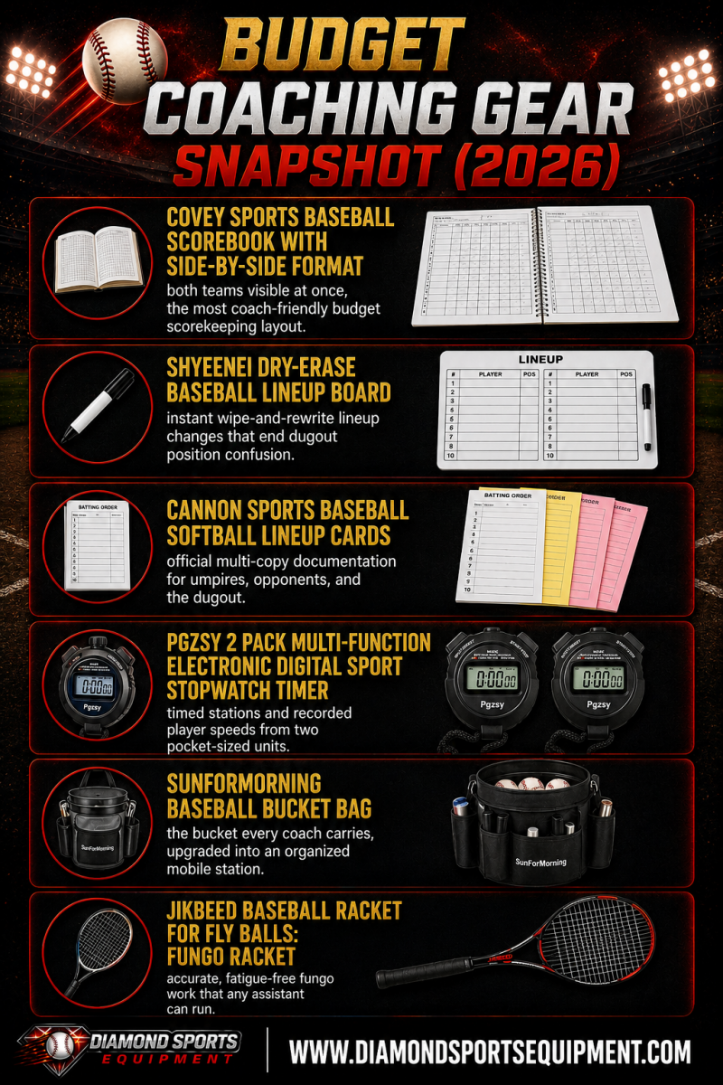 Covey Sports Scorebook, ShYeenei Lineup Board, Cannon Sports Lineup Cards, Pgzsy Digital Stopwatches, SunForMorning Bucket Bag, and Jikbeed Fungo Racket featured in a budget coaching gear snapshot graphic.