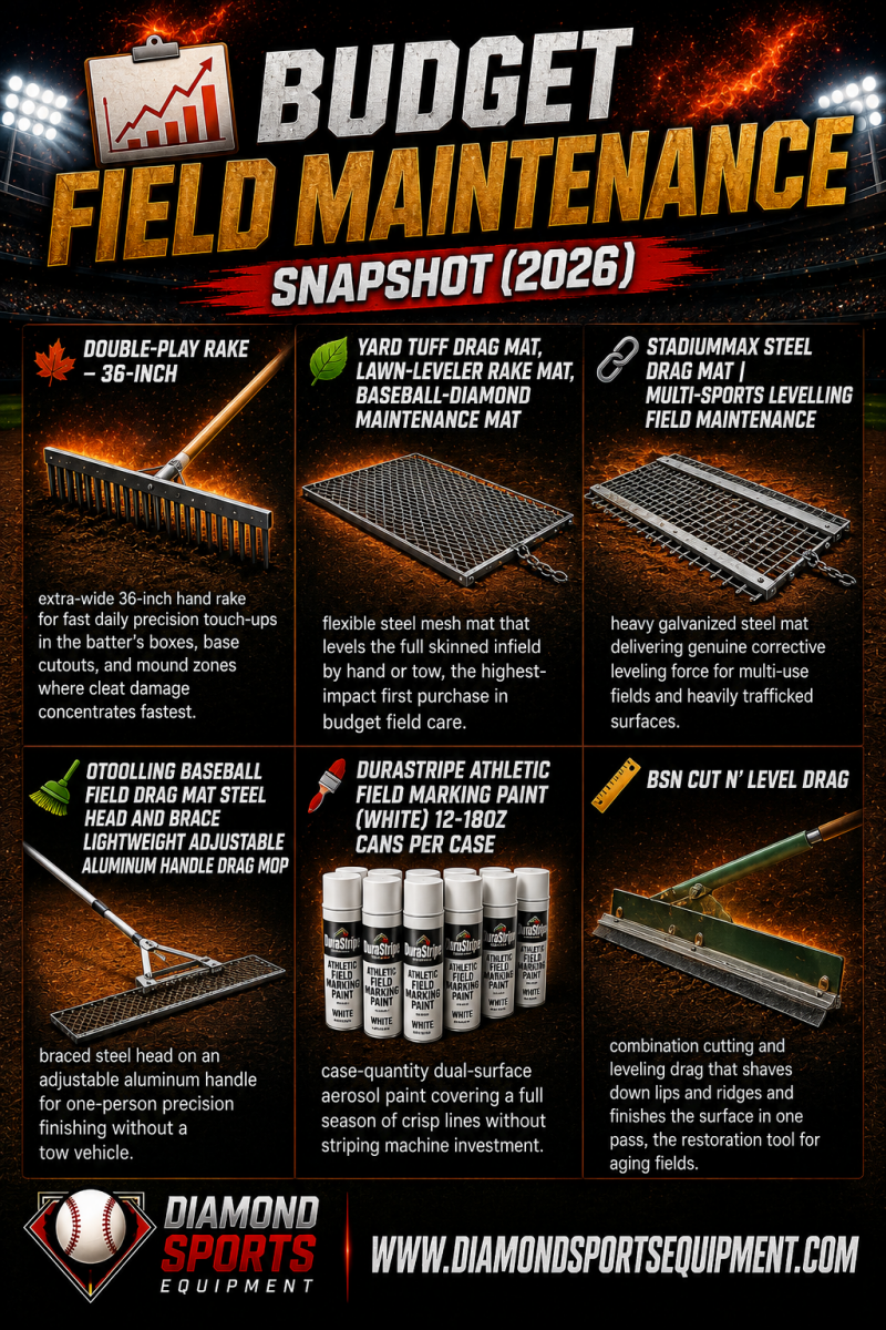 Double-Play Rake, Yard Tuff Drag Mat, StadiumMax Steel Drag Mat, Otoolling Drag Mat, DuraStripe Field Marking Paint, and BSN Cut N' Level Drag featured in a budget field maintenance snapshot graphic.