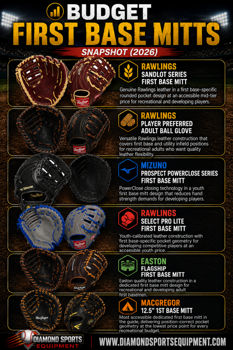 Rawlings Sandlot Series, Rawlings Player Preferred, Mizuno Prospect PowerClose, Rawlings Select PRO LITE, Easton Flagship, and MacGregor 12.5-Inch 1st Base Mitt featured in the Budget First Base Mitts Snapshot (2026).