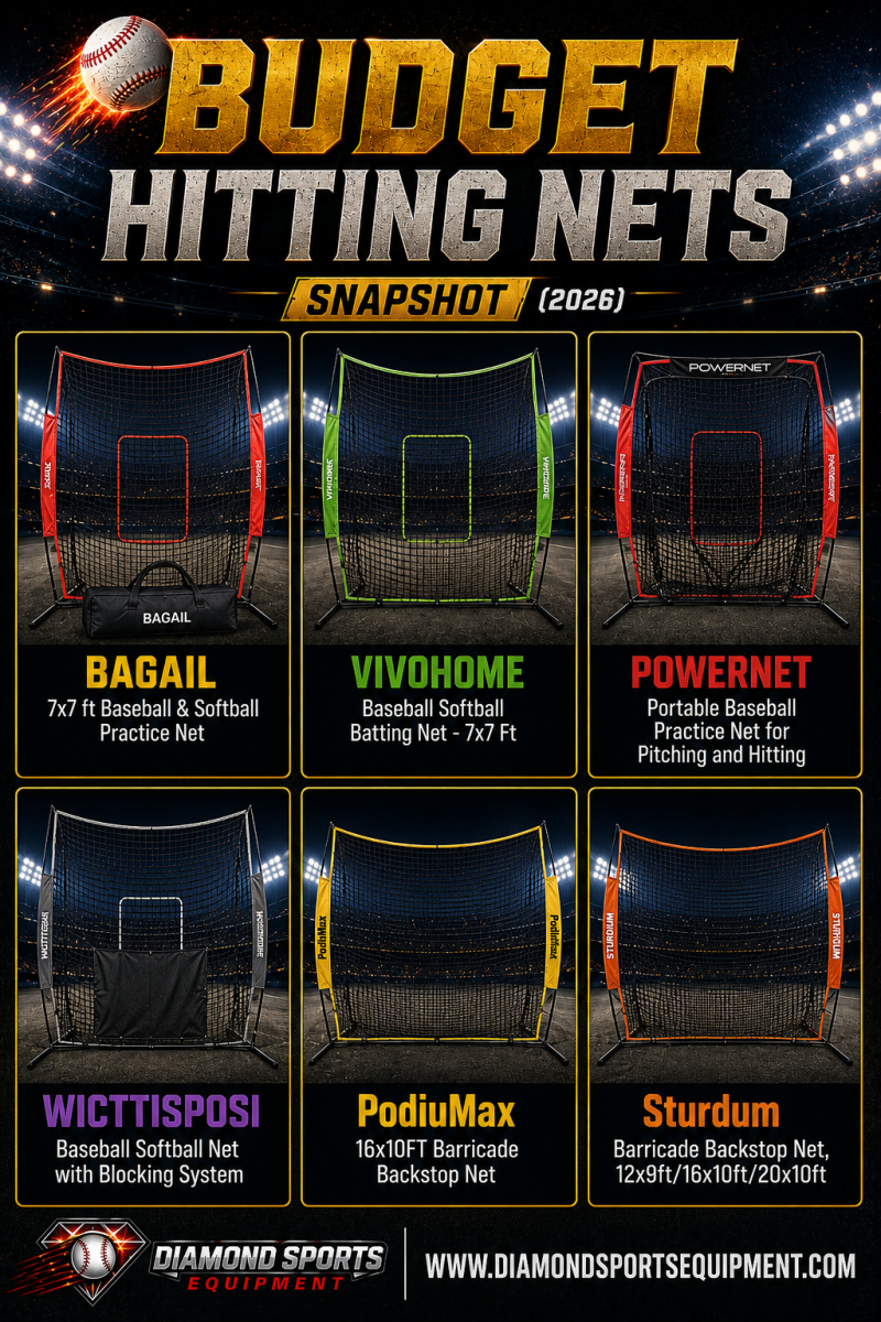 BAGAIL, VIVOHOME, PowerNet, WICTTISPOSI, PodiuMax, and Sturdum budget hitting nets featured in a Budget Hitting Nets Snapshot (2026).