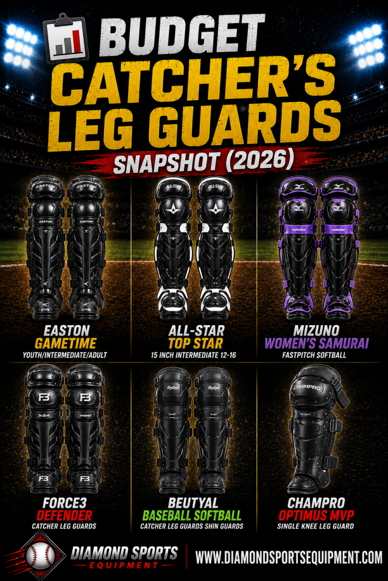 Easton Gametime, All-Star Top Star, Mizuno Women's Samurai, FORCE3 Defender, Beutyal Baseball Softball Catcher Leg Guards, and CHAMPRO Optimus MVP featured in the Budget Catcher's Leg Guards Snapshot (2026).