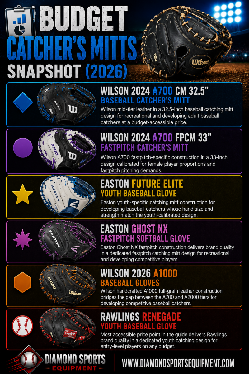 Wilson A700 CM 32.5", Wilson A700 FPCM 33", Easton Future Elite, Easton Ghost NX, Wilson A1000, and Rawlings Renegade featured in the Budget Catcher's Mitts Snapshot (2026).
