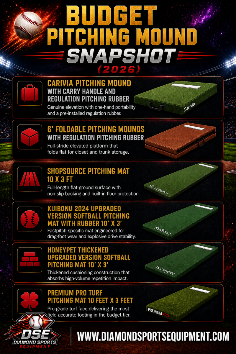 Budget Pitching Mound Snapshot featuring six budget pitching mounds and pitching mats for baseball and softball training in 2026.