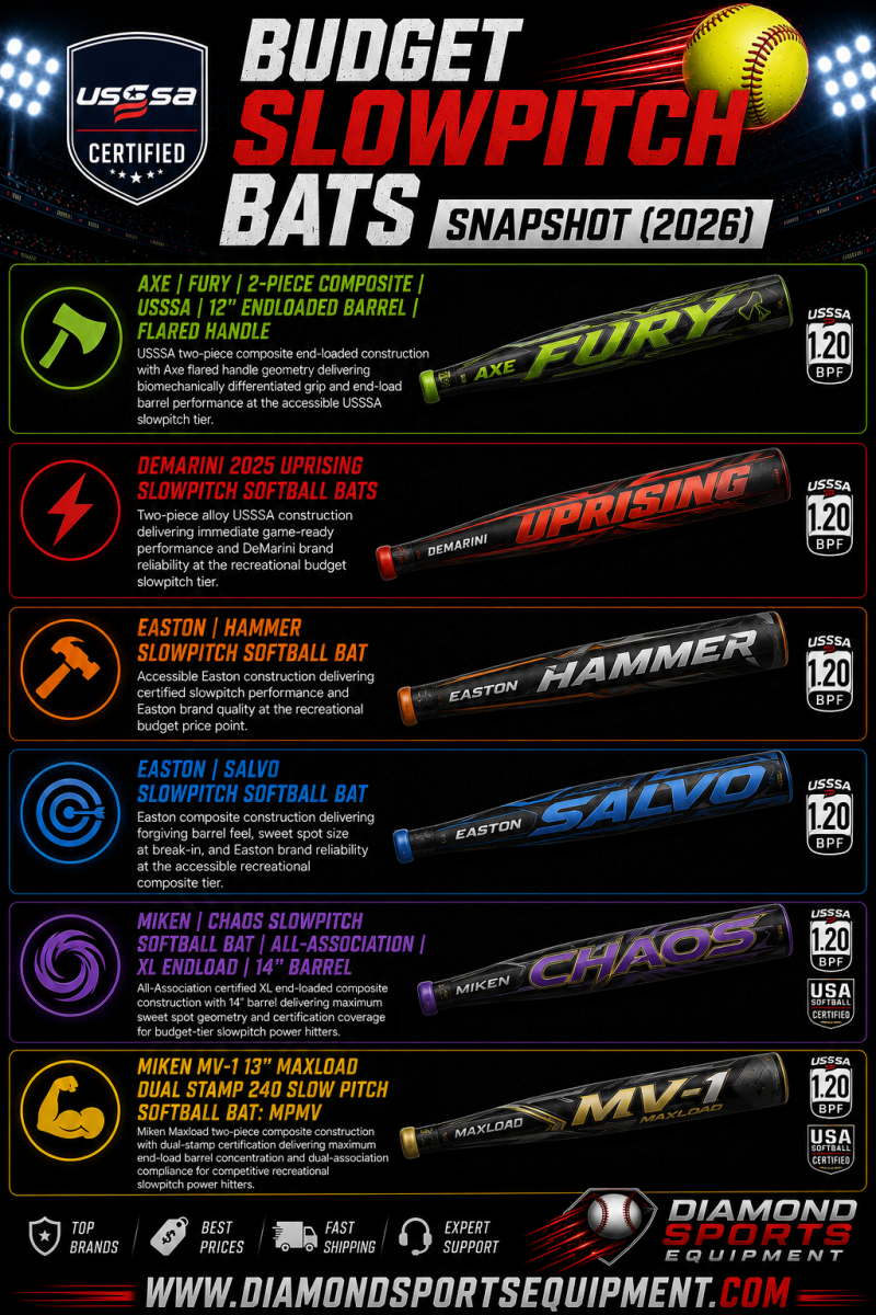 Axe Fury 2-Piece Composite, DeMarini Uprising, Easton Hammer, Easton Salvo, Miken Chaos, and Miken MV-1 Maxload featured in the Budget Slowpitch Bats Snapshot (2026) infographic.