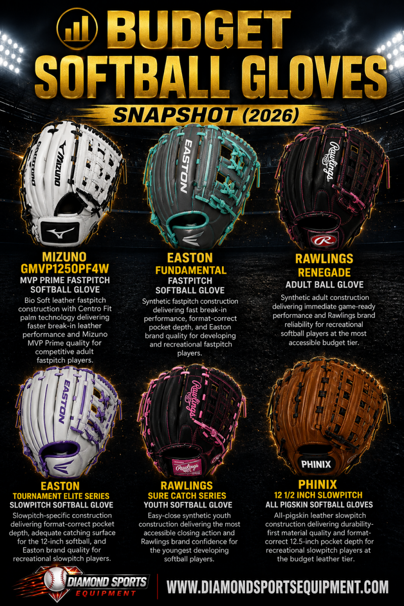 Mizuno MVP Prime, Easton Fundamental, Rawlings Renegade, Easton Tournament Elite, Rawlings Sure Catch, and PHINIX All Pigskin featured in the Budget Softball Gloves Snapshot (2026).
