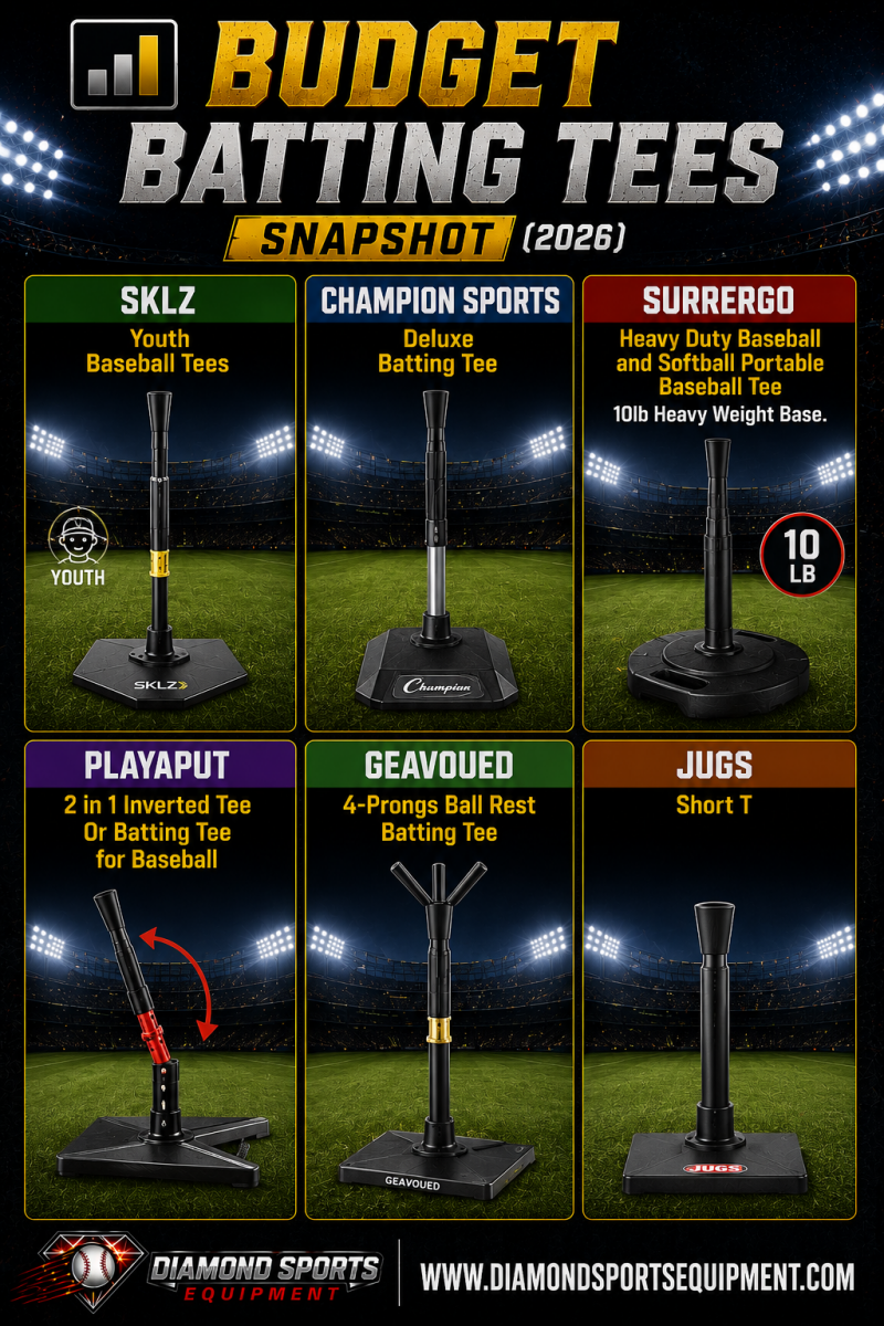 SKLZ Youth Baseball Tees, Champion Sports Deluxe Batting Tee, Surrergo Heavy Duty Baseball Tee, PLAYAPUT 2-in-1 Inverted Tee, GEAVOUED 4-Prongs Ball Rest Batting Tee, and Jugs Short T featured in a Budget Batting Tees Snapshot (2026).