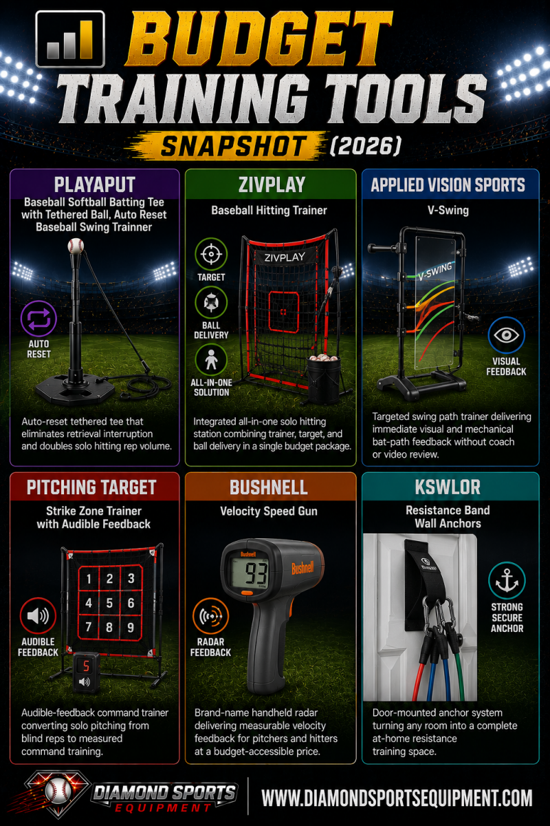 PLAYAPUT Auto Reset Batting Tee, ZivPlay Baseball Hitting Trainer, Applied Vision Sports V-Swing, Pitching Target Strike Zone Trainer, Bushnell Velocity Speed Gun, and KSWLOR Resistance Band Wall Anchors featured in a Budget Training Tools Snapshot (2026)