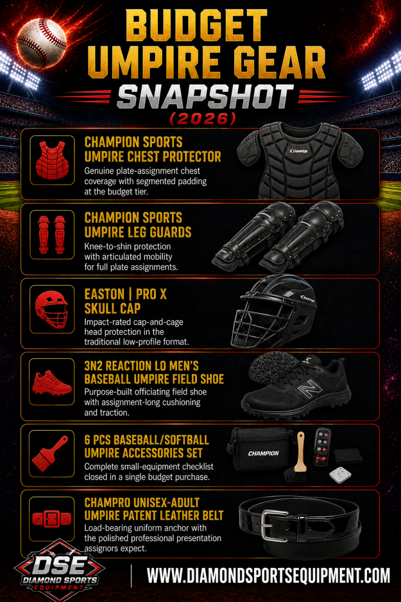 Champion Sports Umpire Chest Protector, Champion Sports Umpire Leg Guards, Easton PRO X Skull Cap, 3N2 Reaction Lo Field Shoe, 6 Pcs Umpire Accessories Set, and CHAMPRO Umpire Belt in a Budget Umpire Gear Snapshot (2026).