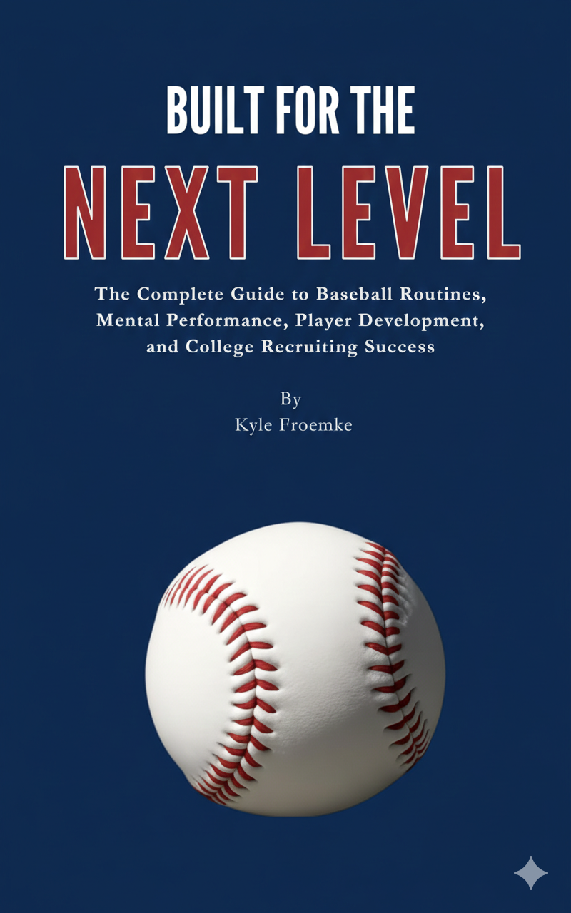 BUILT FOR THE NEXT LEVEL book cover featuring honest program level assessment and position-specific recruiting benchmarks for high school baseball players and families evaluating realistic college baseball fit.