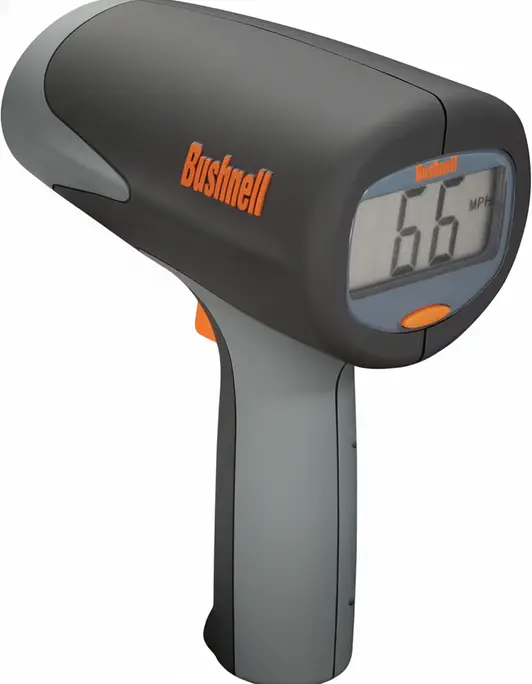 Bushnell Velocity Speed Gun displayed showing its point-and-shoot design and digital velocity readout display.