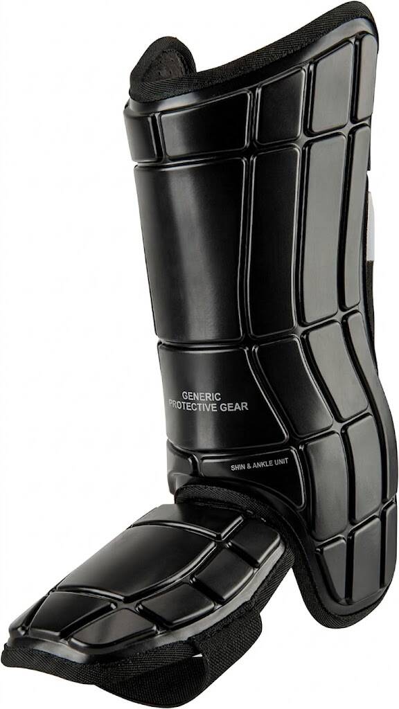 A black baseball batter's shin and ankle guard with a segmented protective shell on a white background.