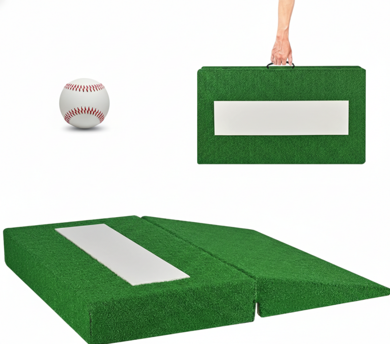 Carivia Pitching Mound with Carry Handle and Regulation Pitching Rubber shown with its integrated carry handle and anti-fade turf surface.