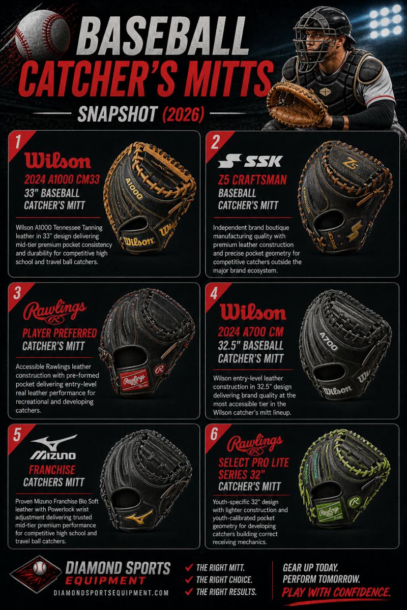 Baseball catcher’s mitts snapshot infographic showing six mitts in a clean 2x3 layout with product names and Diamond Sports Equipment logo and URL in the bottom left.