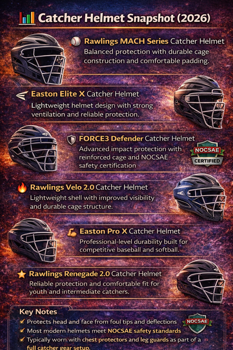 Comparison infographic featuring top catcher helmets for baseball and softball including Rawlings MACH Series, Easton Elite X, Force3 Defender, Rawlings Velo 2.0, Easton Pro X, and Rawlings Renegade 2.0.