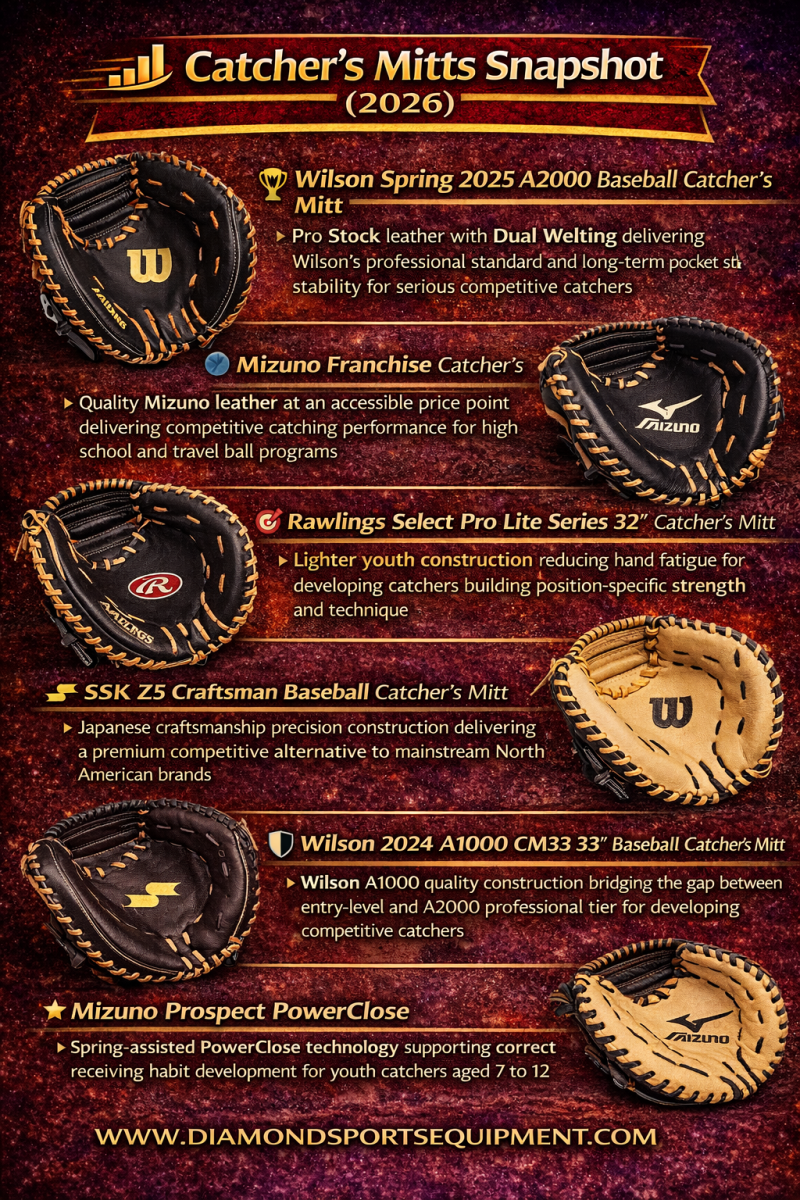 Six catcher’s mitts including Wilson, Mizuno, Rawlings, and SSK models shown in a comparison snapshot graphic.