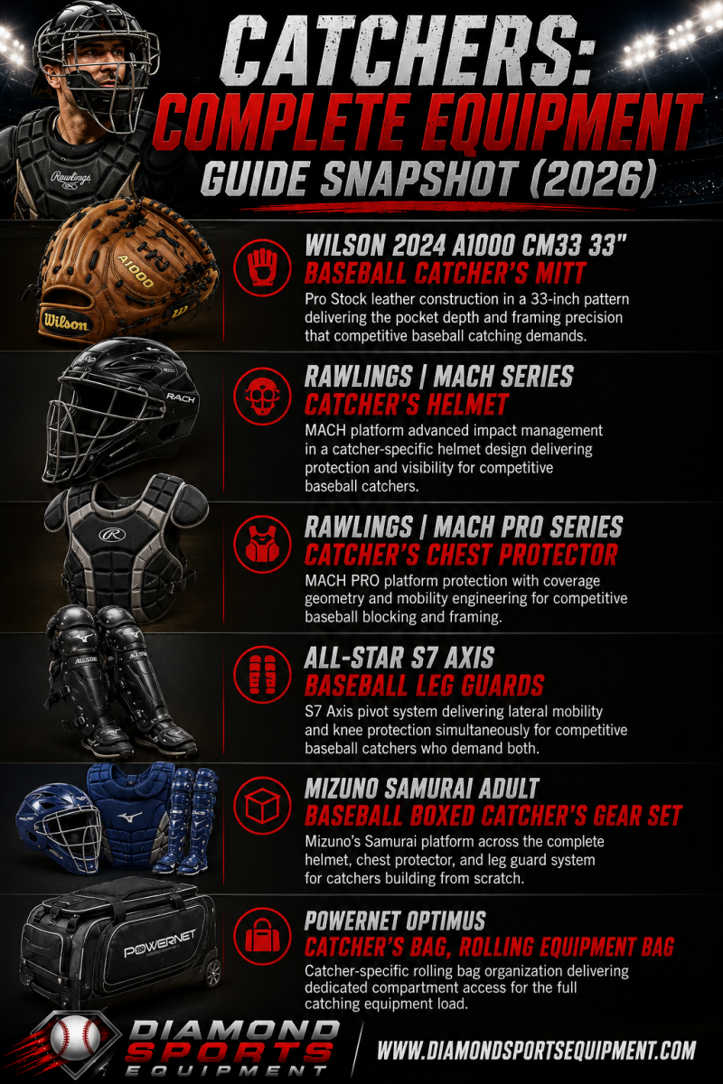 Wilson A1000 CM33 Catcher's Mitt, Rawlings MACH Catcher's Helmet, Rawlings MACH PRO Chest Protector, All-Star S7 Axis Leg Guards, Mizuno Samurai Catcher's Gear Set, and PowerNet Optimus Catcher's Bag complete catcher's equipment snapshot.