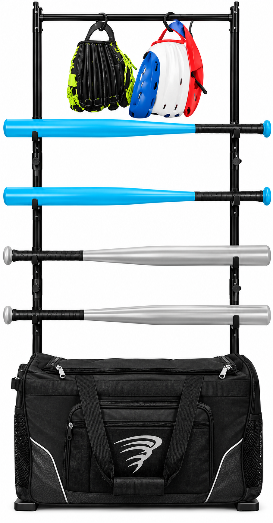 Catcher's travel bag with a 4 bat rack and fence hook, in black.