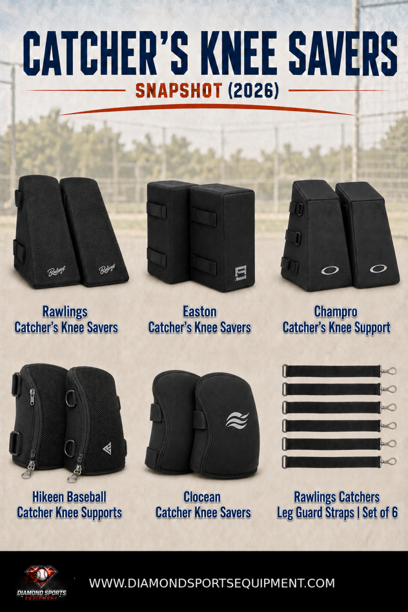 Catcher's knee savers snapshot showing five pairs of wedge-shaped knee pads and a set of six leg guard straps.