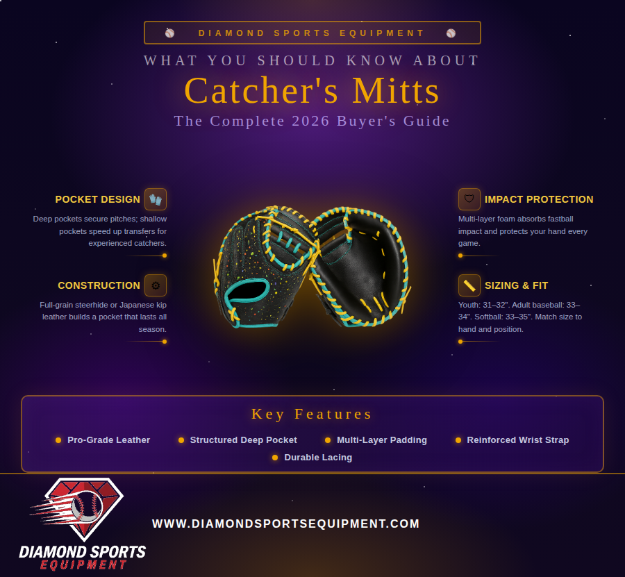 Infographic showing what to know about catcher's mitts including pocket design, construction, impact protection, and sizing guide for baseball and softball players — Diamond Sports Equipment 2026