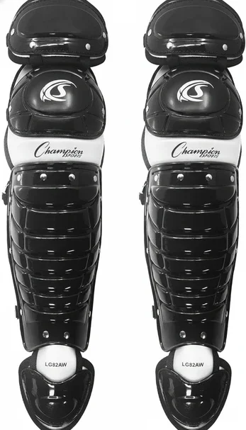 Champion Sports 14.5" Double Knee Full Wing Shin Guards displayed showing their extended full wing construction and double knee protection design for catchers.