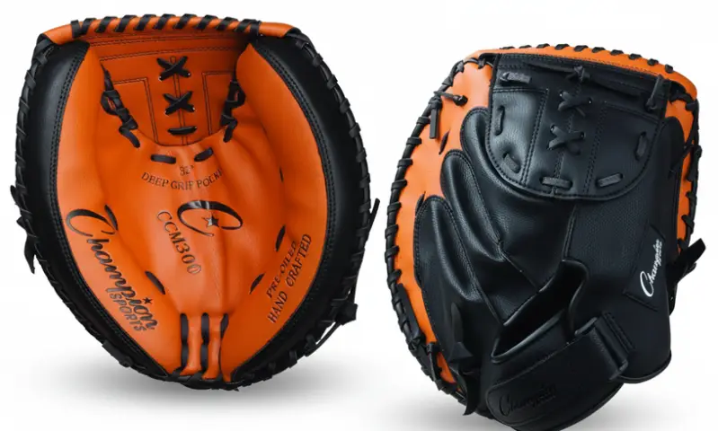 Champion Sports CCM300 catcher's glove — pre-oiled hand-crafted baseball catcher's mitt with deep grip pocket in black and orange