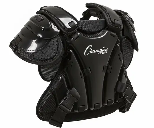 Champion Sports Umpire Chest Protector displayed showing its segmented padding coverage and adjustable strapping for plate assignments.
