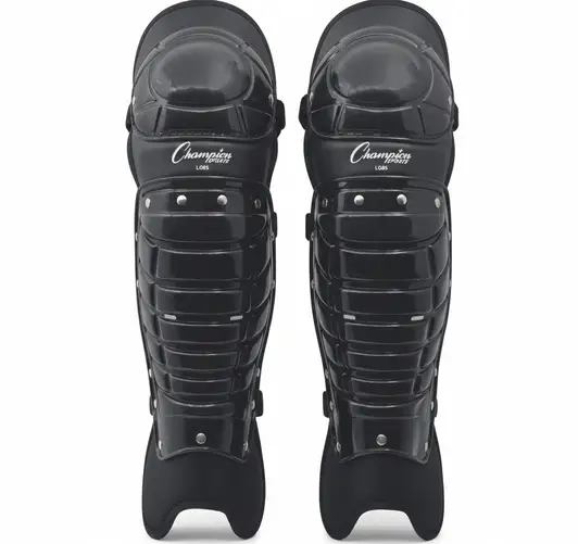 Champion Sports Umpire Leg Guards shown highlighting their knee-to-shin coverage and articulated knee design.