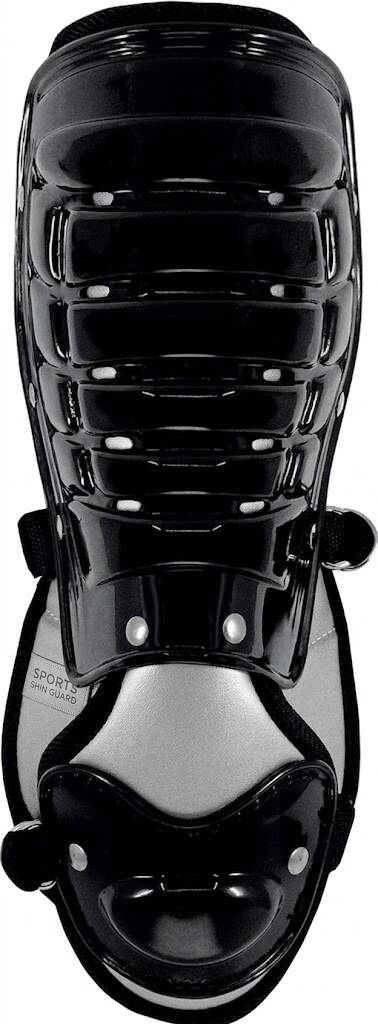 A black and silver baseball leg guard with a glossy hard shell and adjustable straps on a white background.